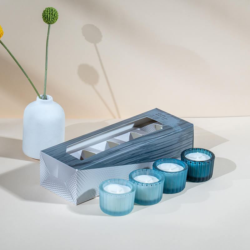 ชุดถ้วยเทียนแก้วแคระลายแนวตั้งขนาดเล็ก 4 ชิ้น