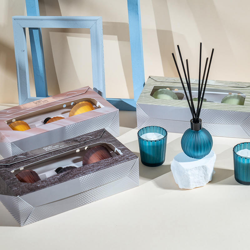 เทียนหอมแก้วเล็กลายแนวตั้ง X2 ขวดกระจายกลิ่นกกลายแนวตั้งเล็ก